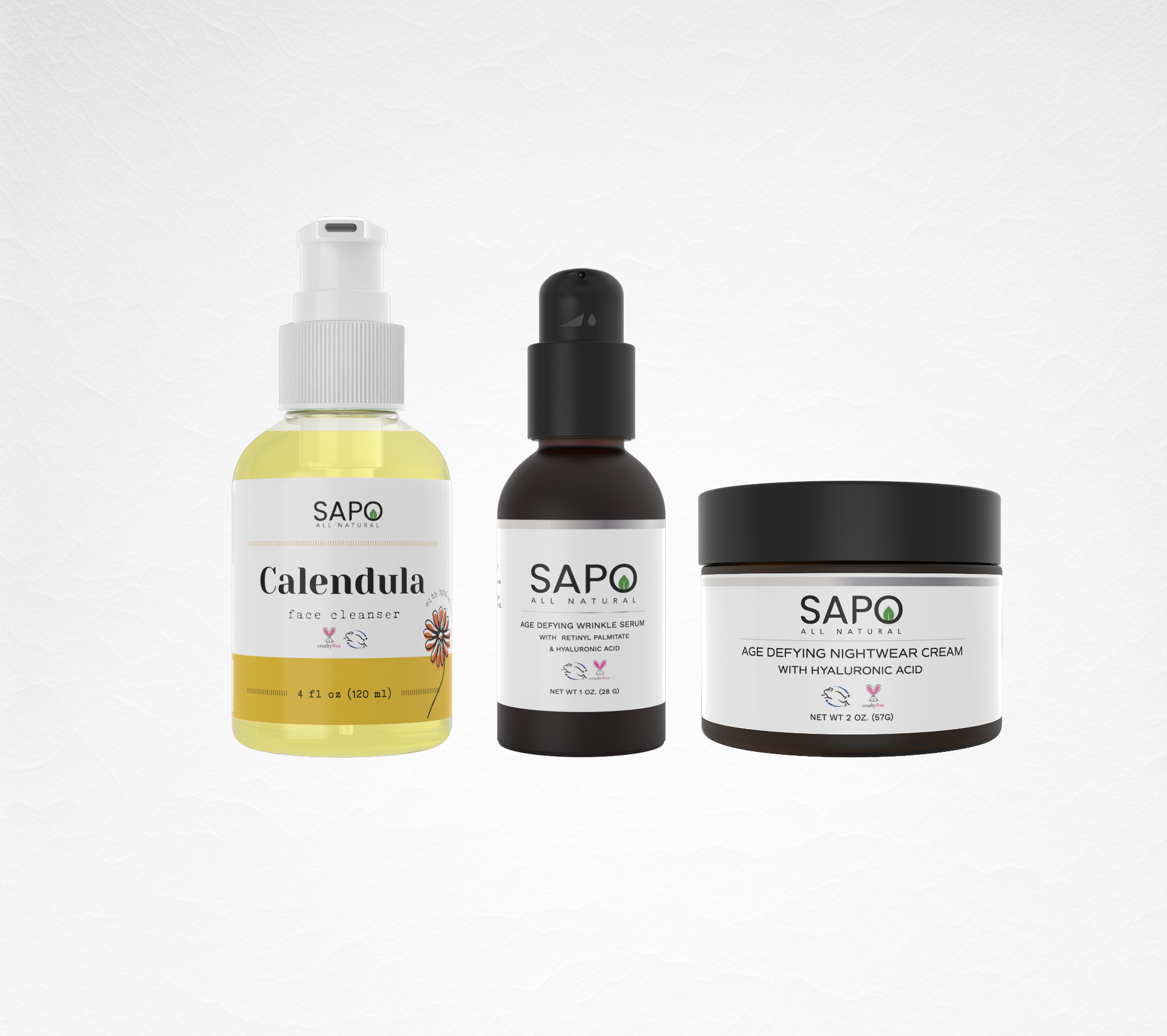 Sapo All Natural Smooth Skin Combo - Calendula Face Cleanser + Wrinkle Serum + Night Cream with Hyaluronic Acid - Bring Skin Repair and Comfort to Your Skincare Routine