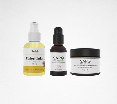 Sapo All Natural Anti-Aging & Healing Skincare Kit with Calendula Face Cleanser, Wrinkle Serum & Night Moisturizer Cream - Smooth Skin Combo