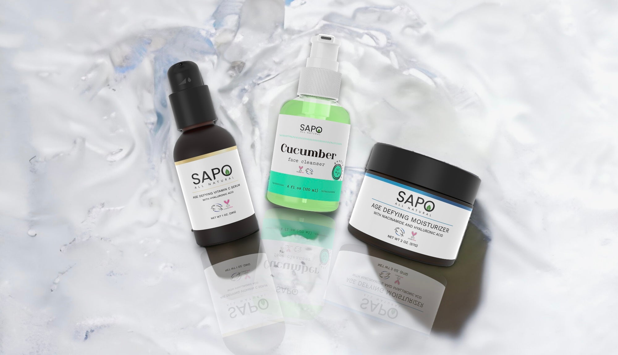 Sapo all natural moisturizer, cucumber face cleanser and vitamin C serum combination
