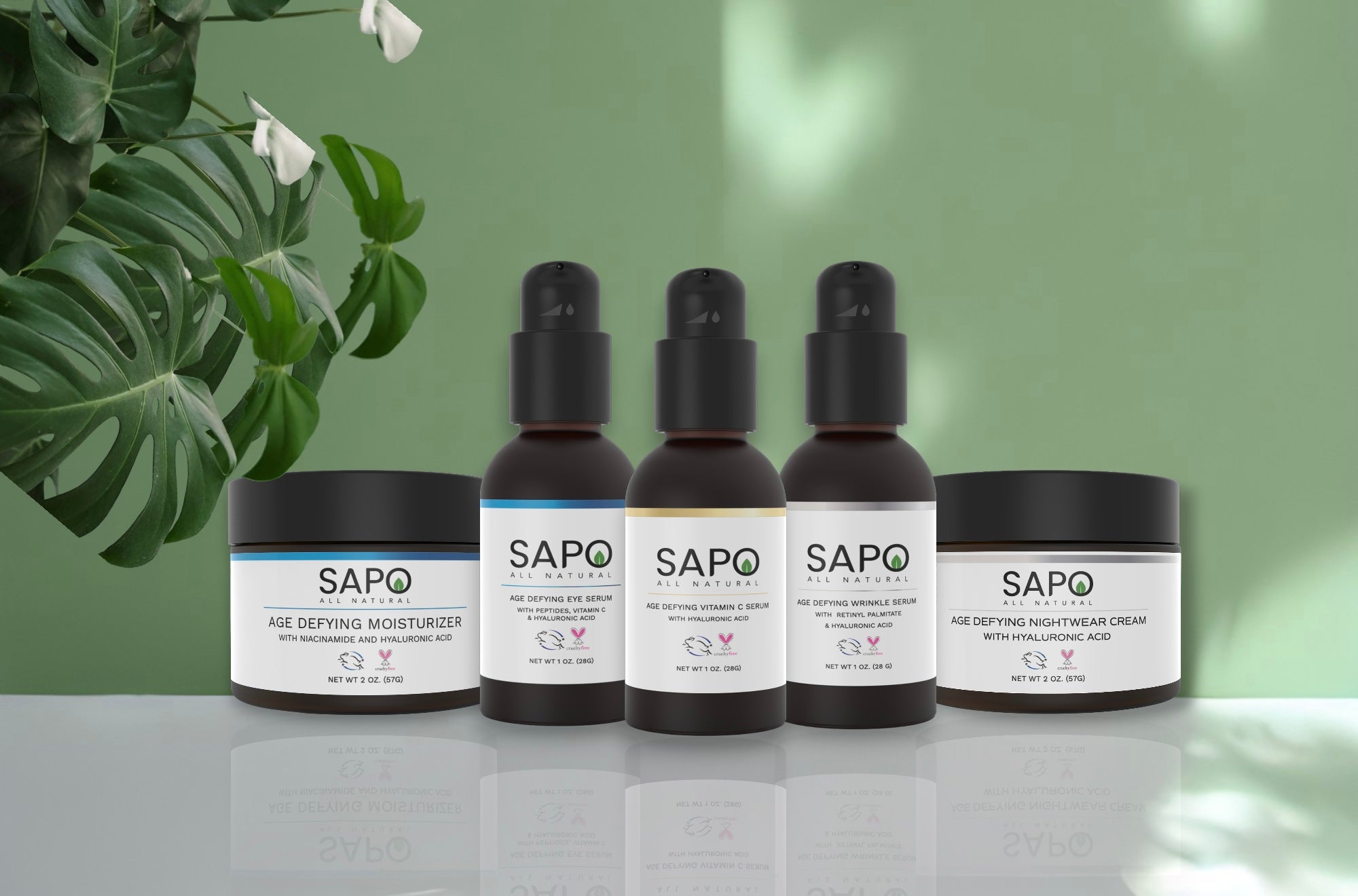 Sapo all natural skincare products moisturizer, eye serum, wrinkle serum, vitamin C serum and night cream